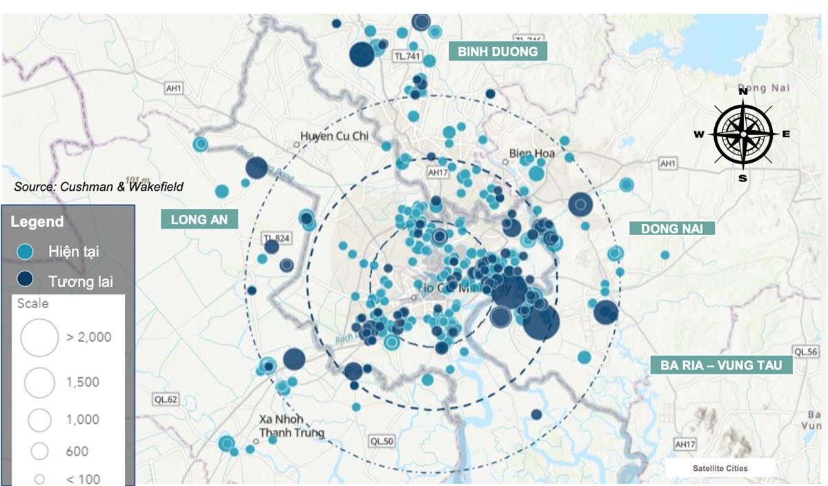 Những đô thị được quy hoạch bài bản thuộc khu vệ tinh Thành phố Hồ Chí Minh còn phát triển mạnh trong tương lai. Nguồn: Cushman & Wakefield